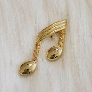 VINtage JJ Signed Slanted Beamed Sixteenth‎ Note Pin Brooch Gold Tone Metal 7493